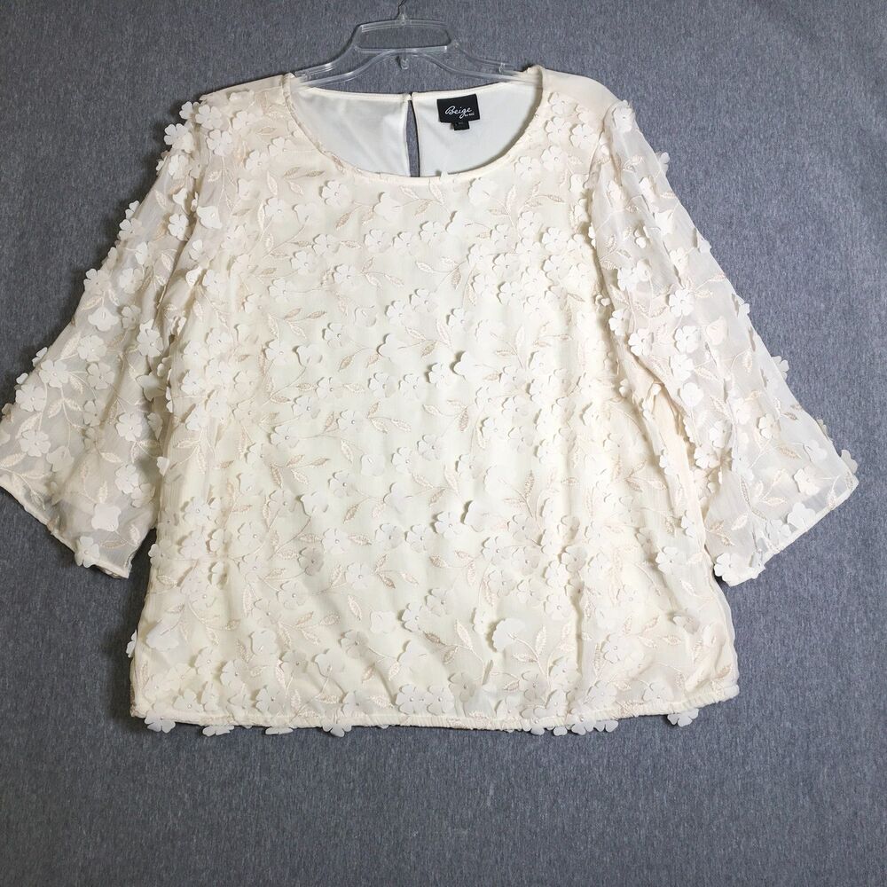 Eci New York Womens XL Beige Ivory  Floral 3D Blouse Top 3/4 Sleeve